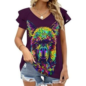 Veelkleurige Alpaca Lama Grafische Blouse Top Voor Vrouwen V-hals Tuniek Top Korte Mouw Volant T-shirt Grappig
