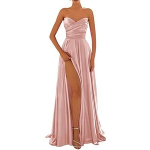 Satijnen baljurk voor dames, mouwloos, bruidsmeisjesjurken voor bruiloft, cocktailjurk, grote maten, Roségoud, 44