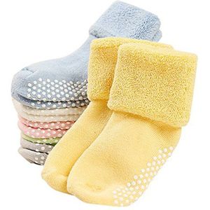 VWU Babysokken voor meisjes, antislip, dikke manchet, katoen, verpakking van 6 stuks, grijs, groen, wit, blauw, geel, roze, 1-3 jaar