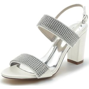 GHSIRUEU Vrouwen strass sandalen met hak Ronde Teen Strappy Chunky blokhakken voor vrouwen Comfortabele bruiloft partij jurk schoenen,ivoor,36 EU