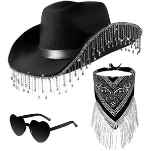 Cowgirl-hoeden met strass voor dames, Cowgirl-hoed met hartbril - 3-delige set cowgirlhoed voor vrijgezellenfeestkostuums - Strass Kwastje Cowgirl Sjaal Afstuderen Halloween Cosplay Founcy