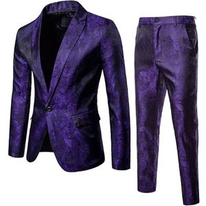 KYOESCAI Herenpakken Klassieke pasvorm 2-delige set met één knoop, formele smoking, jasje, broek en set voor bruiloft, zakenfeest of gala,Purper,L
