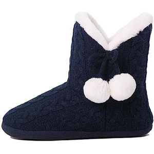 Slipper Vrouwen/Dames Slippers Bont Gevoerd Inclusief Pom Poms | Marine Blauw - S (36-37)