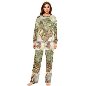 YOUJUNER Pyjama-set voor dames, vintage drakendecoratie, winter, warme nachtkleding, zomer, loungewear, set, pyjamaset, nachtkleding set, Meerkleurig, XL