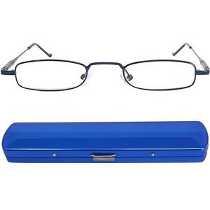 Mini Brille Smalle metalen mini-leesbril, roestvrij stalen frame, met gratis slim fit aluminium etui, leeshulp, plat leeshulp, dames en heren, blauw, 2.5