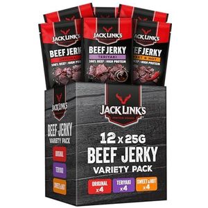 Jack Link's Beef Jerky Gemengde karton, verpakking van 12 stuks (12 x 25 g), hoogwaardige vleessnack, Teriyaki, Sweet & Hot - High Protein-snack - ideaal voor onderweg, op kantoor of tijdens het