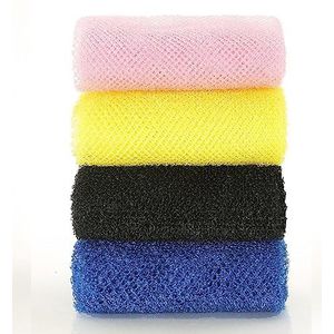 newrichbee 4-pack badsponsnet, lichaamsschrobber, Afrikaans exfoliërend net voor douche, 30 cm x 31,5 inch lang douchenet (roze en blauw en geel en zwart)..