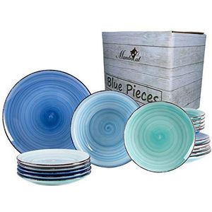 MamboCat Blue 18-delige bordenset blauw I robuust blauw aardewerk servies voor 6 personen I 6 platte borden - diepe soepborden - kleine taartborden I blauwe borden 18 delen