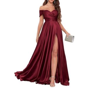 BRIGOW Satijnen bruidsmeisjesjurken voor dames, met split, galajurken, lange cocktailjurk, grote maten, Bordeaux, 32