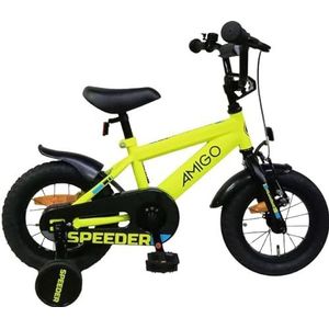 AMIGO Speeder Kinderfiets, 12 inch, met handrem, terugtrap, stuurbekleding en steunwielen, vanaf 3-4 jaar, geel/zwart