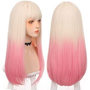 DieffematicJF Pruik Long Straight Hair Synthetic Wig Girl Pink White Gradient Bangs Cosplay Party Heat-resistant Wigs
