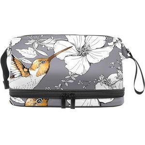 Gouden kolibries op exotische hibiscus bloemen, dubbellaagse make-uptas voor dames en meisjes, reistoilettas, make-up, handige opbergtas, organizer tas met borstelvak, Meerkleurig, 27x15x14