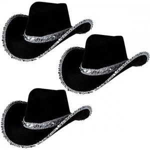 3 x Volwassen dames zwarte pailletten Texaanse cowboy hoeden: Wild West Cowgirl Hen Night Fancy Dress Accessoire