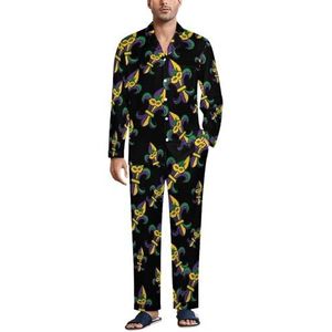 Mardi Gras Fleur De Lis pyjamaset voor heren, tweedelige pyjamaset met knopen, nachtkleding met lange mouwen, top en broek, loungewear