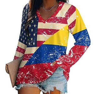 Amerikaanse en Columbia Retro vlag dames lange mouwen V-hals T-shirts herfst tops pullover tuniek T-shirt voor leggings