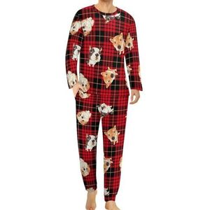 Hond op Buffalo Plaid Comfortabele Heren Pyjama Set Ronde Hals Lange Mouw Loungewear met Zakken 3XL