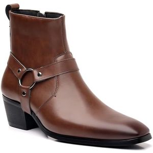 KYOESCAI Heren Westernlaarzen met dikke hak en studs, riemband en rits aan de zijkant, retro cowboylaarzen, chelsea boots,Bruin,38 EU