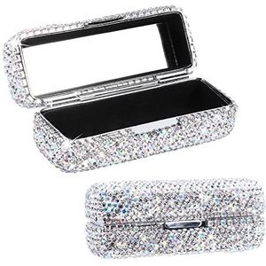 homfanseec Strass Lipstick Case met Spiegel, Bling Crystal Lipstick Case Diamanten Make-up Cosmetische Opbergdoos Lippenstift Houder voor Portemonnee Dames Mode, Zilverkleur, Eén maat