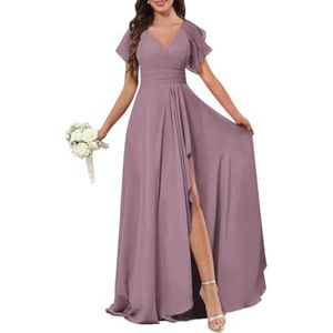 Chiffon galajurken met spleetplooien, bruidsmeisjesjurken voor bruiloft, cocktailjurk, grote maten, Wisteria, 38