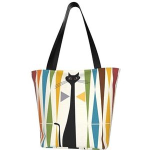 Mid-Century Modern Art Cat Klassiek bedrukt ontwerp, lichtgewicht gewatteerde handtas met grote capaciteit, geschikt om te winkelen, fitness, modieus en gemakkelijk te matchen met het leven, Zwart,