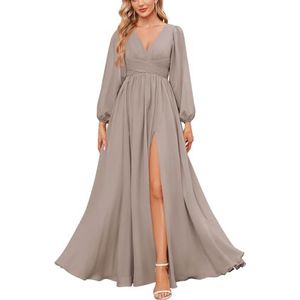 KURFACE Bruidsmeisjesjurken met lange mouwen en split geplooide chiffon formele jurk met mouwen formele jurk, Taupe, 32