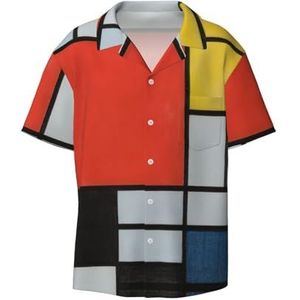 EdWal Samenstelling in Rood Geel Blauw en Zwart Print Heren Korte Mouw Button Down Shirts Casual Losse Fit Zomer Strand Shirts Heren Overhemden, Zwart, XL