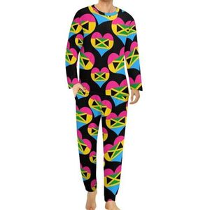 Pansexual Heart Flag Jamaica pyjama voor heren, loungewear met lange mouwen, top en onderkant, 2-delige nachtkleding