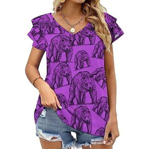 Grizzly Bear Art Casual tuniek tops ruches korte mouwen T-shirts V-hals blouse T-shirt