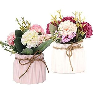 Lostwry 2 stuks kunstbloemen in pot, kunstbloemen, planten ter decoratie, hortensia, zijden bloemen, boeketten met keramische vaas, kunstplant, decoratie voor thuis, party, kantoor, bruiloft, tafeldecoratie