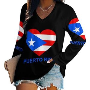 Love Puerto Rico Casual T-shirts met lange mouwen voor dames V-hals bedrukte grafische blouses T-shirt tops M