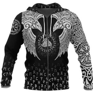 Vintage Nordic Crow Sweatshirt Voor Heren, Nieuwe Harajuku 3D-geprinte Keltische Knoop Vegvisir Casual Plus Size Hoodie met Rits, Middeleeuwse Heidense Jas met Lange Mouwen(Color:B zipper hoodie,Size: