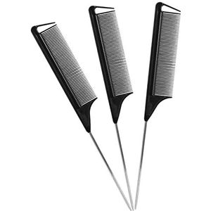 Rattenstaart kammen plagen kam: 3 stuks rattenstaartkammen set, haarstylisten styling kam, lange stalen pin rattenstaart plagen kam, afscheidkammen voor vrouwen, geweldig voor alle haartypes (zwart)
