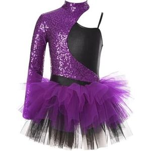 Gymnastiekpak voor meisjes, jazzdanskleding voor kinderen, gymnastiekpak met glanzende pailletten, asymmetrische mouwen, tule-danskleding voor podiumoptredens (Pu