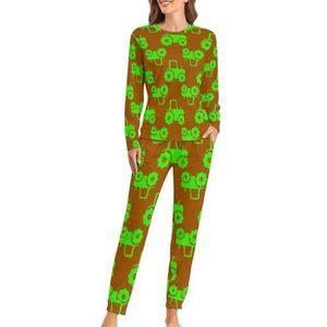 Groene Tractor op Bruin Grappige Pyjama Set Voor Vrouwen Met Lange Broek Zachte Loungewear Pj Set Nachtkleding
