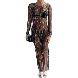 Vrouwen Sexy Parel Strass Cover Up See Through Sheer Mesh Zomer Maxi Jurk Strand Badpak Bikini Cover Ups (Color : Split Black, Size : S)