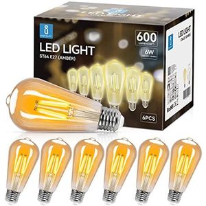 Aigostar Vintage Edison Gloeilamp 6-Pack, E27 6W (48W Equivalent), 2200K Warm Witte Retro Lamp, Perfect Voor Huizen, Bars, Coffeeshops, Binnenplaats, Etc.