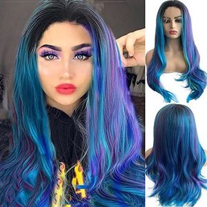 Blauw Groen Paars Geel Kant Voor Pruiken voor Vrouwen Lange Krullend Guleless Synthetische Pruik Hittebestendige Vezel Haar Hoge Kwaliteit Cosplay Pruik Gebruik voor Party Anime Gift Kostuum Halloween 24 Inches