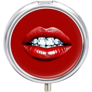 Ronde pillendoos met spiegel 3 compartimenten medicijndoosje rode lippen met diamant pillendoosje voor portemonnee zak wekelijkse pillenorganisator reizen pillendoos pillencontainer houder voor