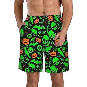 Green Ghost Horror Halloween pompoenprint heren strandshorts zomer shorts met sneldrogende technologie, licht en casual, Wit, L