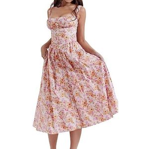 Print Bustier Sundress Knopen Vierkante Hals Mouwloos Corset Jurk Vrouwen Bloemen Corset Midi Jurk (Color : D, Size : S)