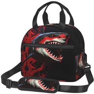 rood-zwarte lunchtas met haaienprint voor dames en heren, geïsoleerde lunchbox, herbruikbare lunchtassen met verstelbare schouderriem, grote capaciteit lunchtas voor werk, reizen, buiten