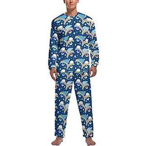 Regenboog luiaards zachte heren pyjama set comfortabele lange mouwen loungewear top en broek geschenken S