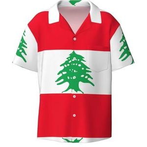 OdDdot Vlag van Libanon Print Heren Overhemden Atletische Slim Fit Korte Mouw Casual Business Button Down Shirt, Zwart, L