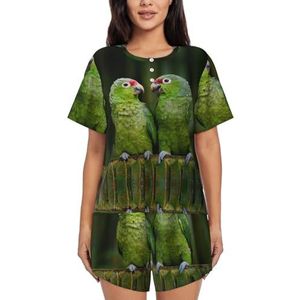 RIVETECH Twee Papegaaien Op Groene Palmboom Print Vrouwen Korte Mouwen Pyjama Set Pyjama Lounge Set Met Zakken,, Zwart, XL