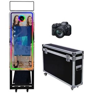 Magische spiegel fotocabine 10,5 cm, flightcase verpakking, draagbaar 56 cm touchscreen spiegelcabine machine voor bruiloften feesten evenementen (zwarte machine, 40 inch/22 inch touchscreen + camera)