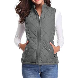 Gewatteerd Damesvest, Lichtgewicht Gewatteerd Gilet Met Opstaande Kraag, Rits en Zakken, Mouwloos Jack Met Rits(Dark grey,XXL)