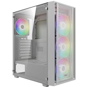 GAMDIAS Witte ATX Mid Tower Gaming Computer PC Case Zijgehard glas, Voorgeïnstalleerde 4X 120mm ARGB-ventilatoren, Ondersteuning tot 6X 120mm ventilatoren, 360mm AIO/Radiator, 340 mm GPU/VGA, 160 mm