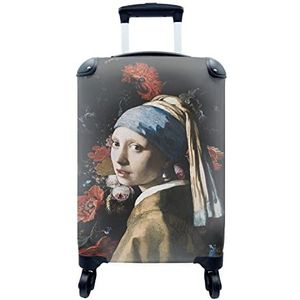 MuchoWow® Koffer - Meisje met de parel - Johannes Vermeer - Bloemen - Rood - Past binnen 55x40x20 cm en 55x35x25 cm - Handbagage - Trolley - Fotokoffer - Cabin Size - Print