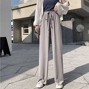Dames Wijde Pijpen Broek Set - Plus Size Zomer Ijs Zijde Losse Hoge Taille Met Korte Mouw Top en Grijze Casual Rechte Pyjama Set