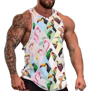 Papegaaien, roze flamingo, toekan heren tanktop grafische mouwloze bodybuilding T-shirts casual strand T-shirt grappige sportschool spier